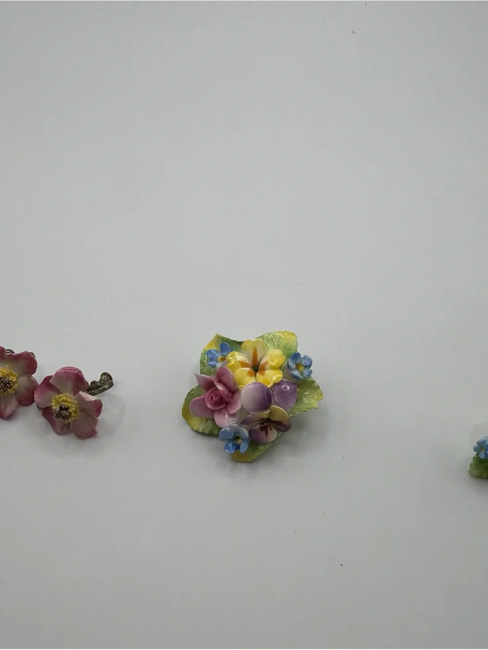 Vintage Artone China Bone China Pansy Violet Rose Brooch Pin & 2 Pairs Earrings